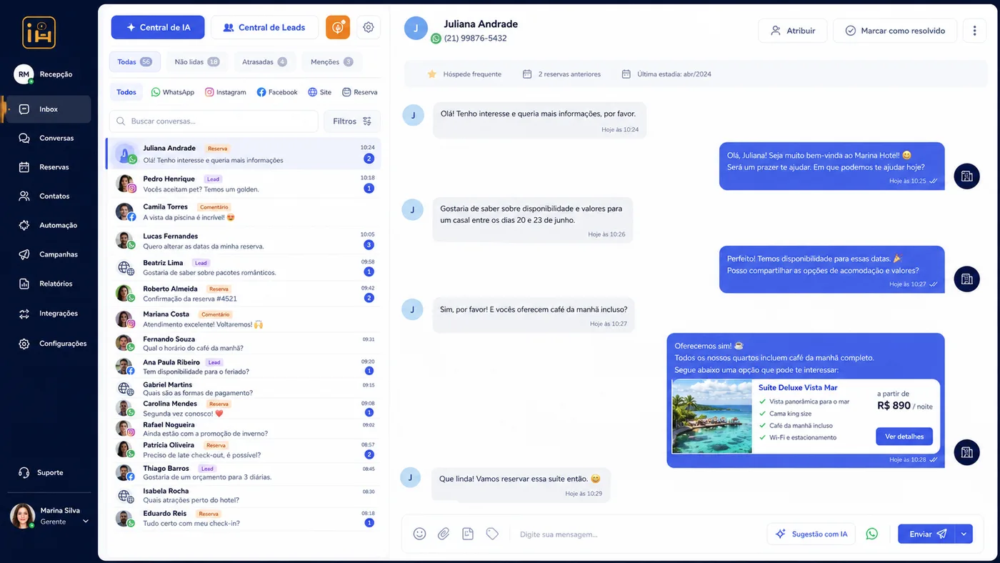 Central de atendimento mostrando a IA respondendo conversas de hóspedes
