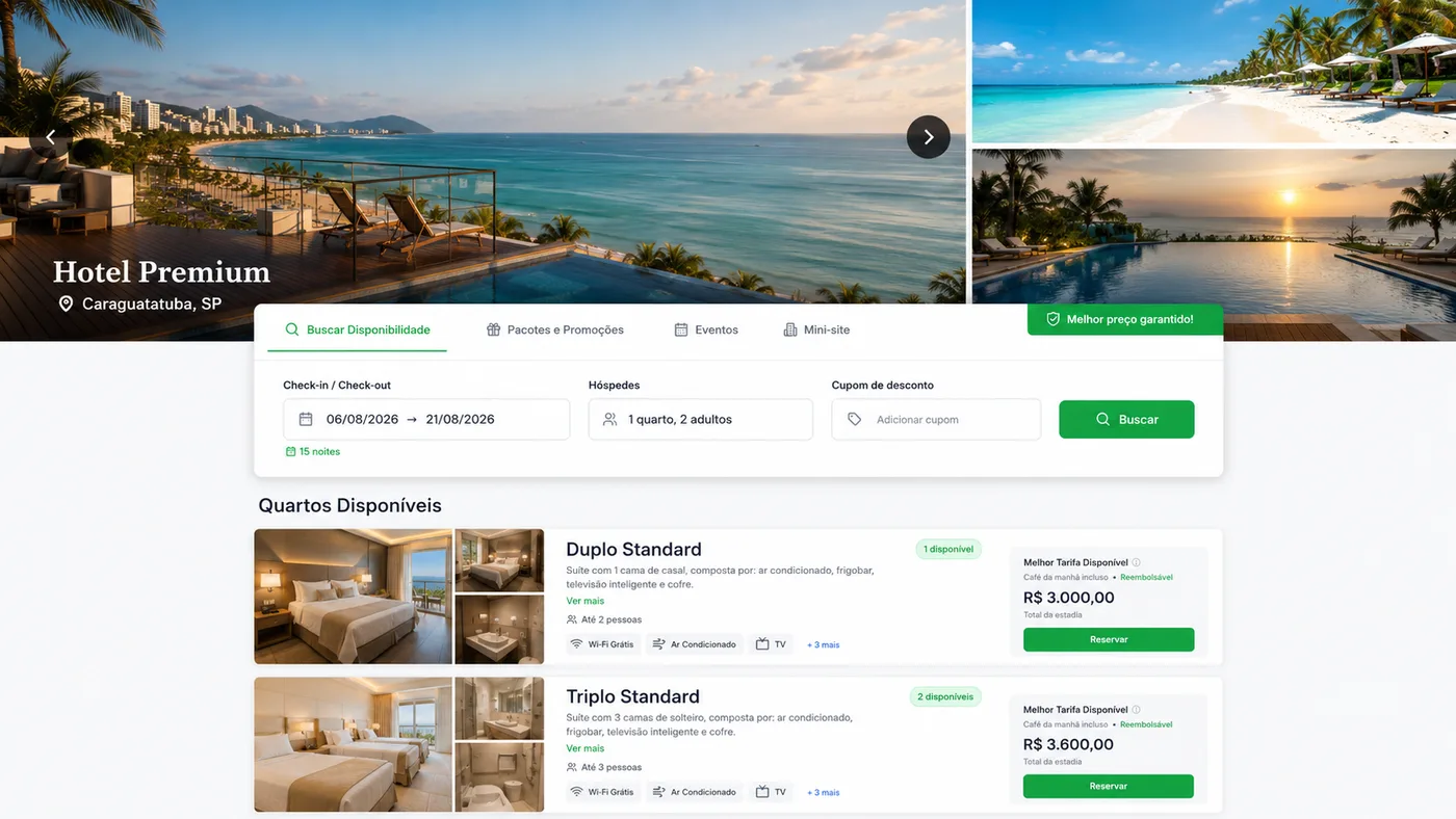 Motor de reservas mostrando quartos disponíveis e preços por data